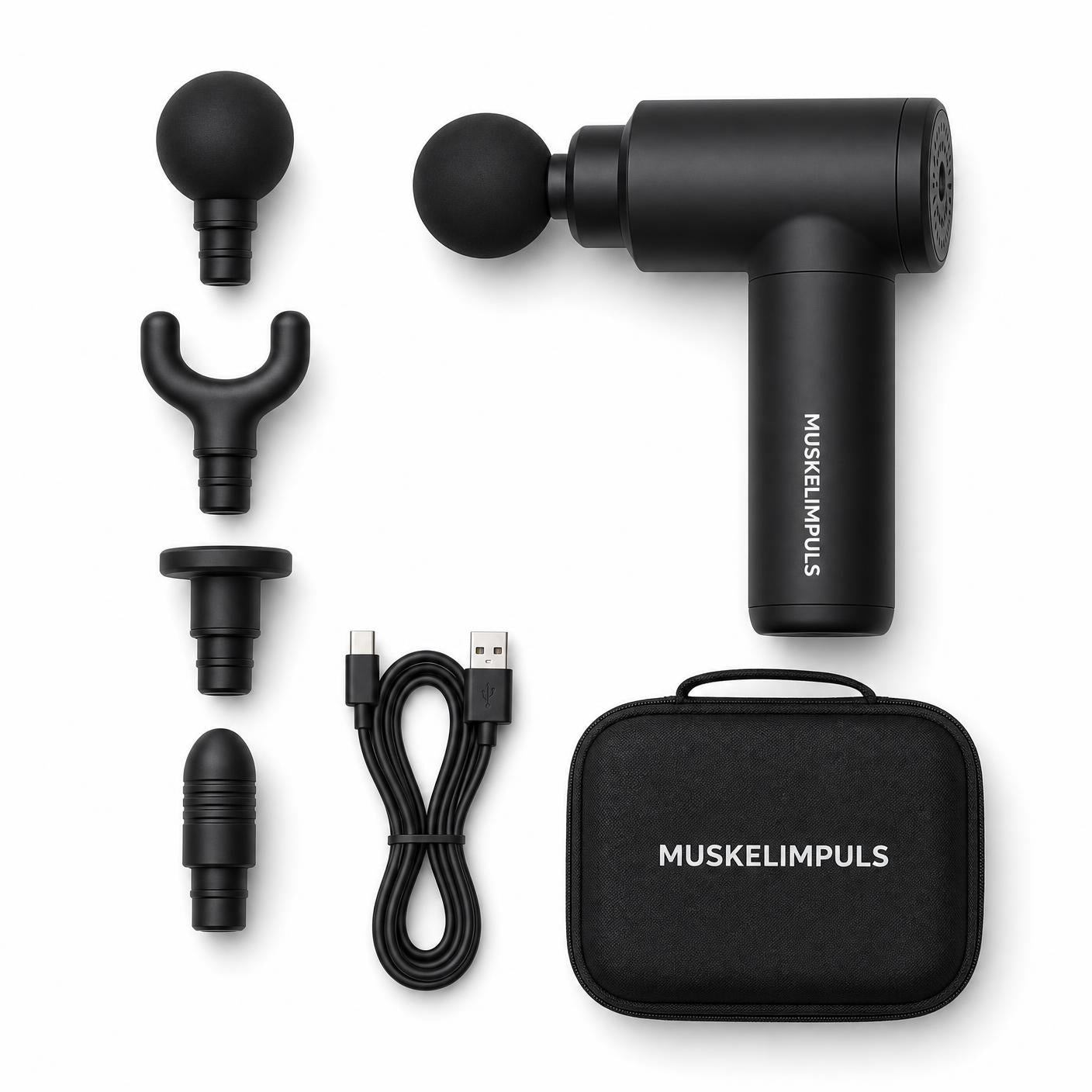 MUSKELIMPULS Massagepistole Mini – Muskel Massagegerät mit 4 Aufsätzen, 6 Stufen, USB-C, leise, inkl. Tasche, Schwarz