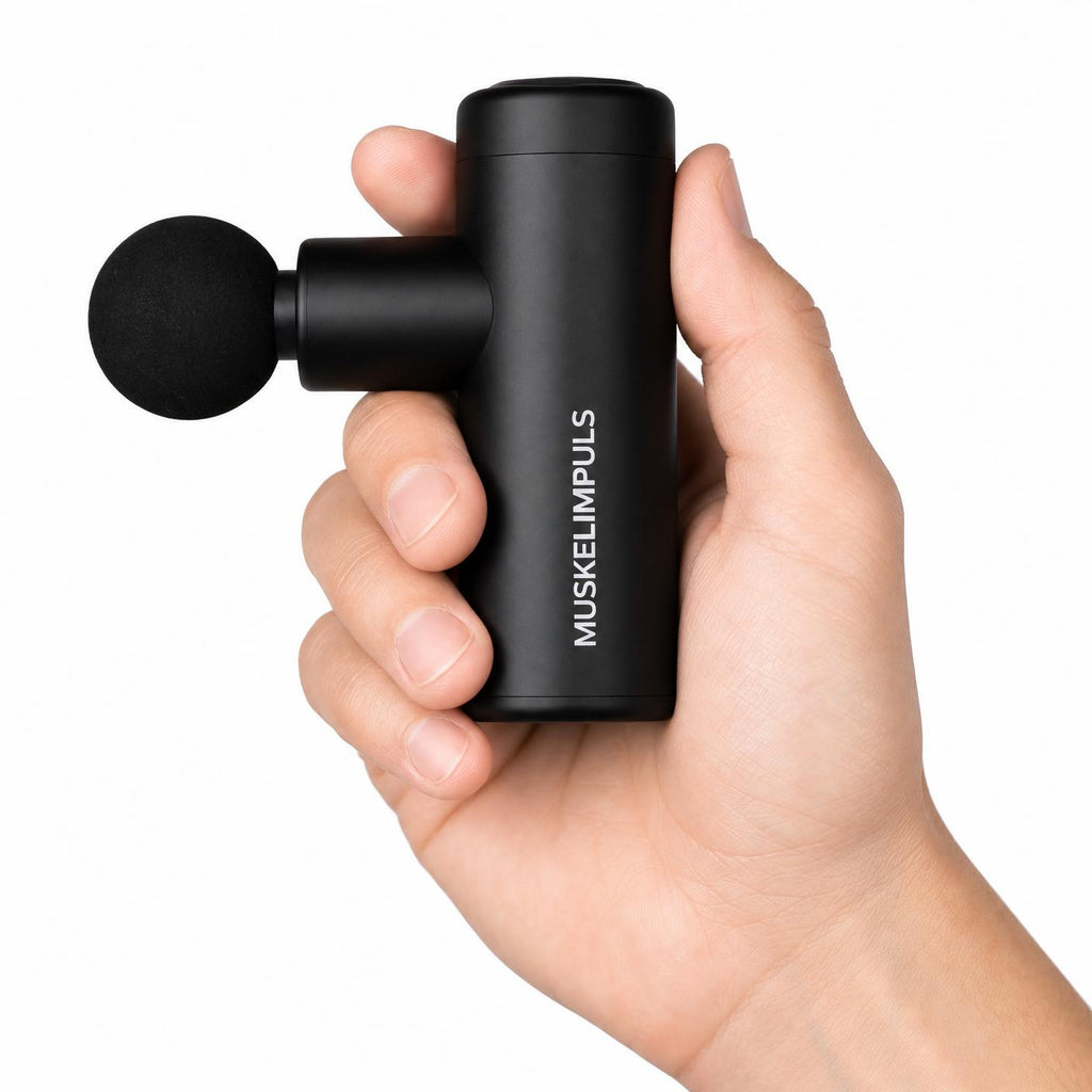 MUSKELIMPULS Massagepistole Mini – Muskel Massagegerät mit 4 Aufsätzen, 6 Stufen, USB-C, leise, inkl. Tasche, Schwarz