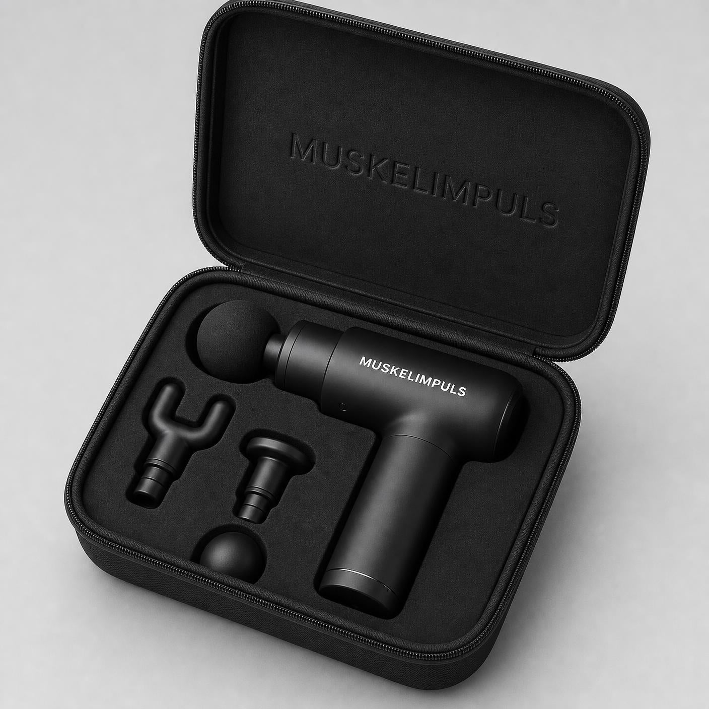 MUSKELIMPULS Massagepistole Mini – Muskel Massagegerät mit 4 Aufsätzen, 6 Stufen, USB-C, leise, inkl. Tasche, Schwarz