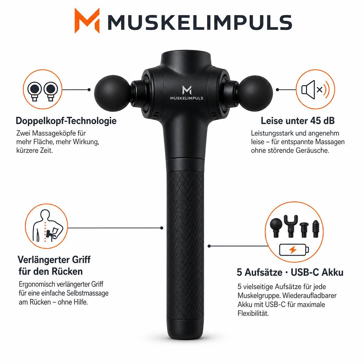 MUSKELIMPULS Massagepistole Doppelkopf – langer Griff, 5 Aufsätze, leise