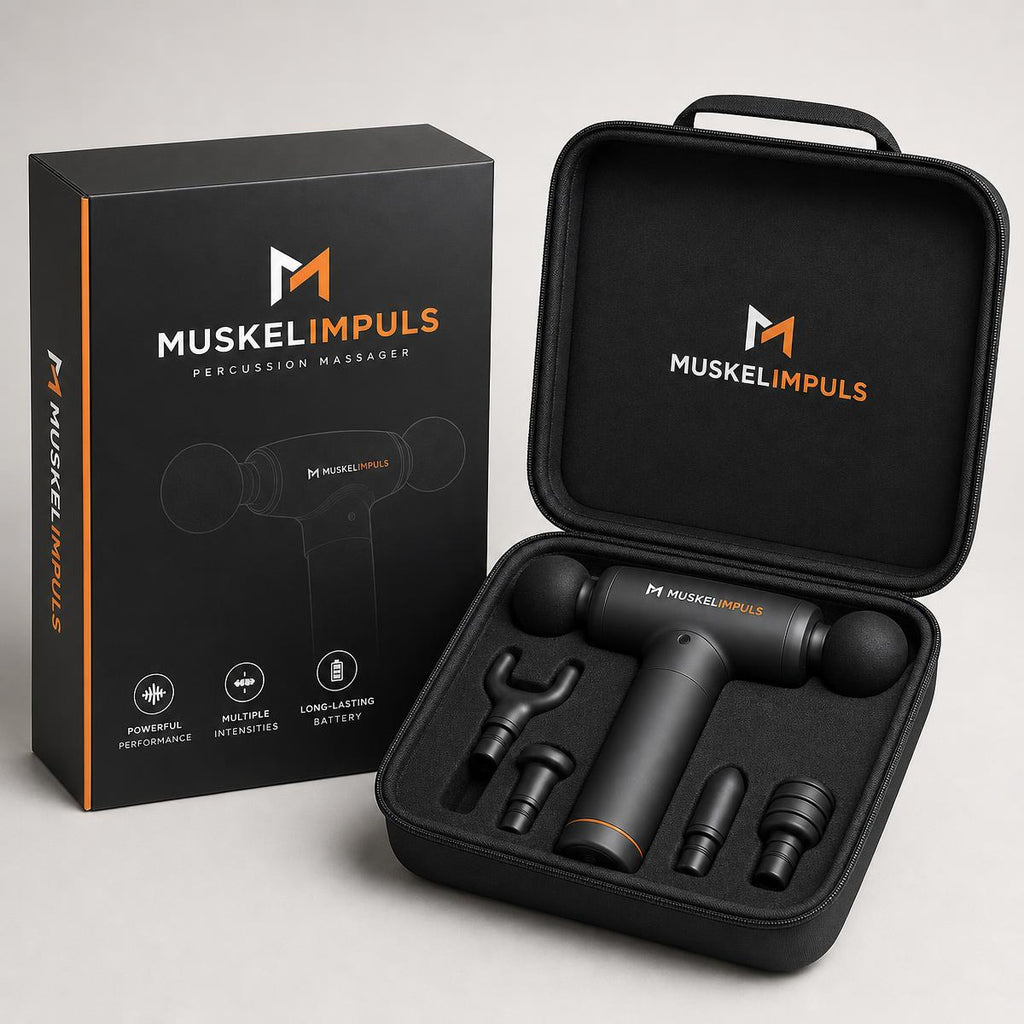 MUSKELIMPULS Massagepistole Doppelkopf – langer Griff, 5 Aufsätze, leise