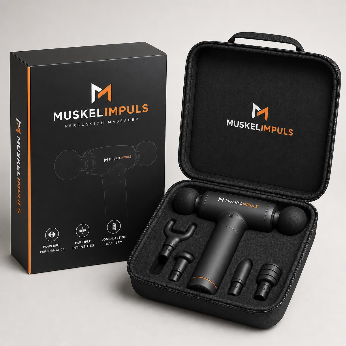 MUSKELIMPULS Massagepistole Doppelkopf – langer Griff, 5 Aufsätze, leise
