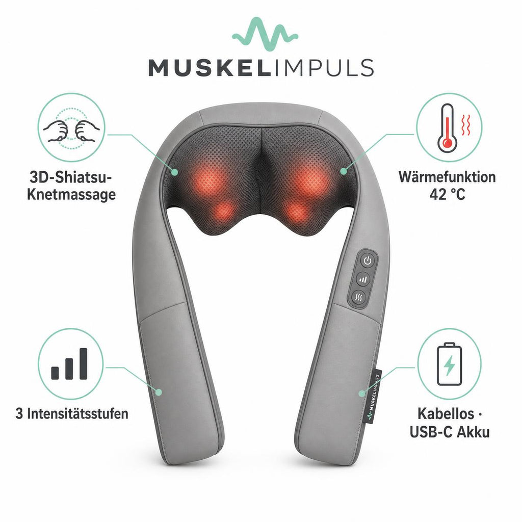 MUSKELIMPULS Nackenmassagegerät mit Wärme – 3D-Shiatsu, kabellos, Grau
