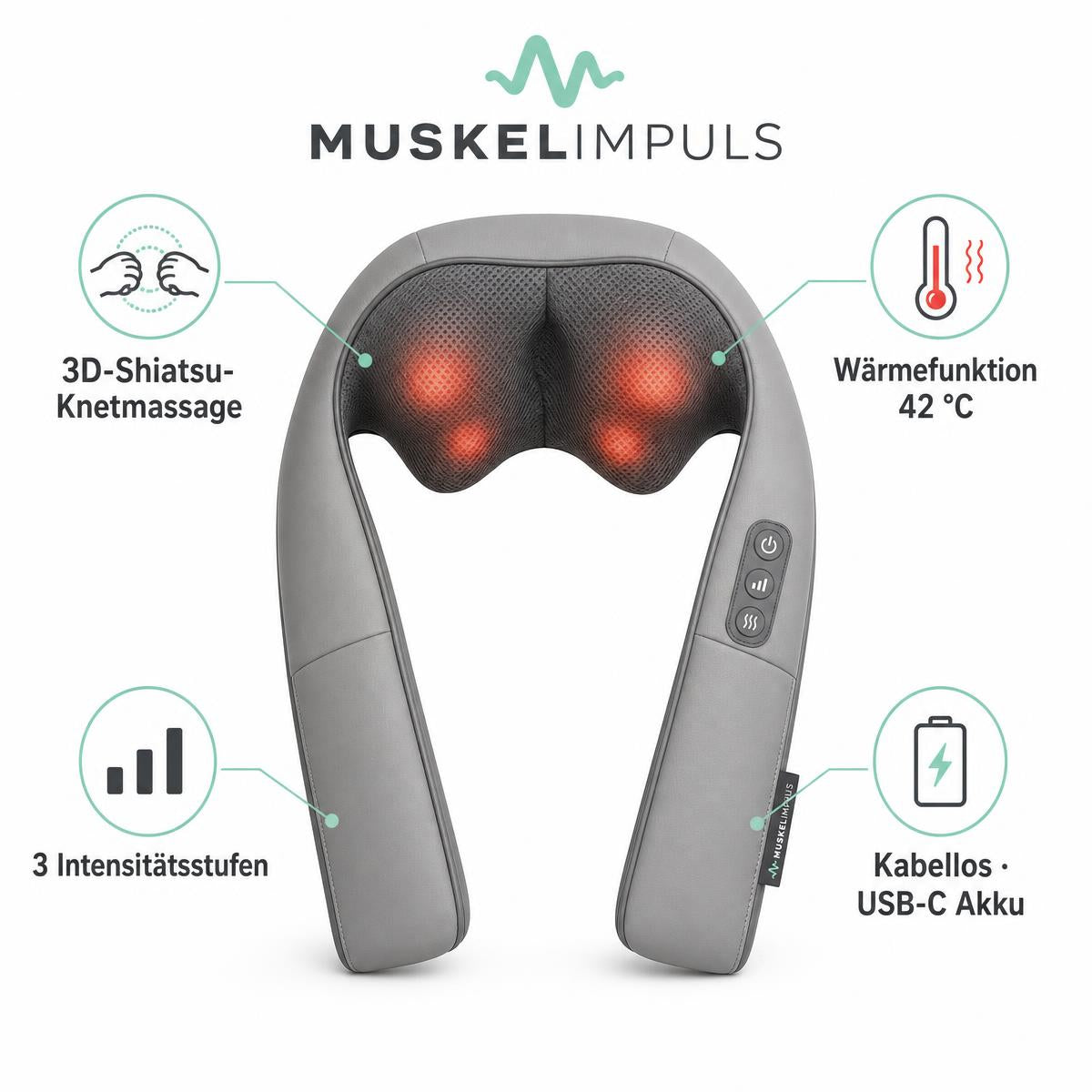 MUSKELIMPULS Nackenmassagegerät mit Wärme – 3D-Shiatsu, kabellos, Grau