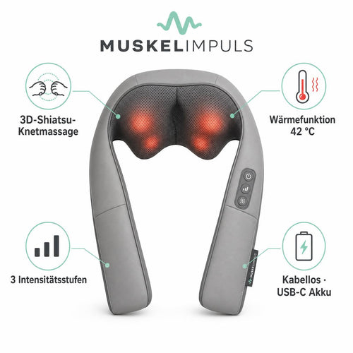MUSKELIMPULS Nackenmassagegerät mit Wärme – 3D-Shiatsu, kabellos, Grau